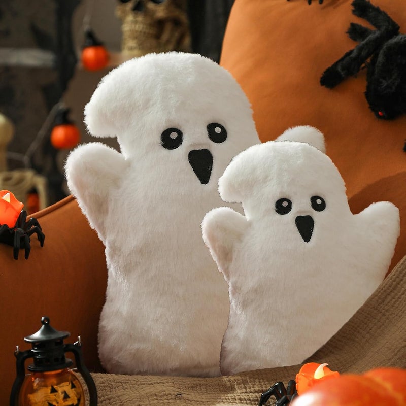 YRXRUS Ghost Pillows, Halloween Ghost Shaped Throw Pillows Set of 2, Boo Pillows Room Decor, 10x13&7x10 Inches Soft Faux Rabbit Fur Cushion - Image 1